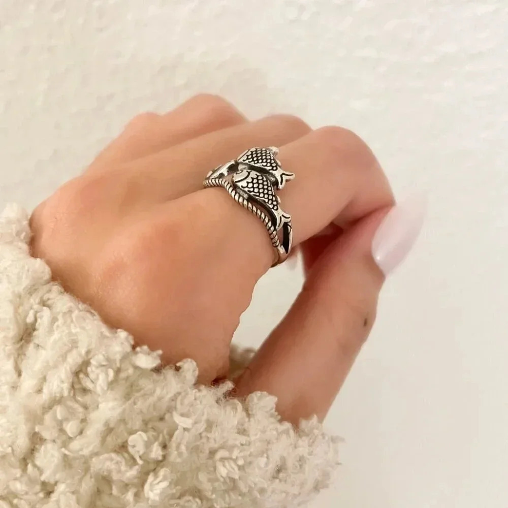 925 Sterling Silver Fish Ring School of Fish Ring Dainty Adjustable Ring - Picture 7 of 10